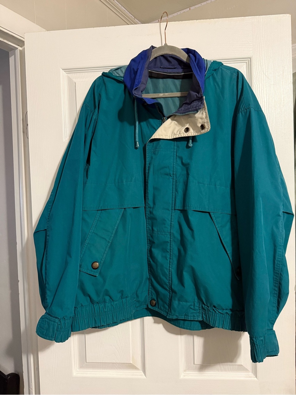 London Fog Teal Hooded Raincoat with Blue Lining